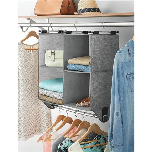 4 Section Fabric Closet Organizer Shelving with Built In Chrome Garment Rod - Picture 2 of 5